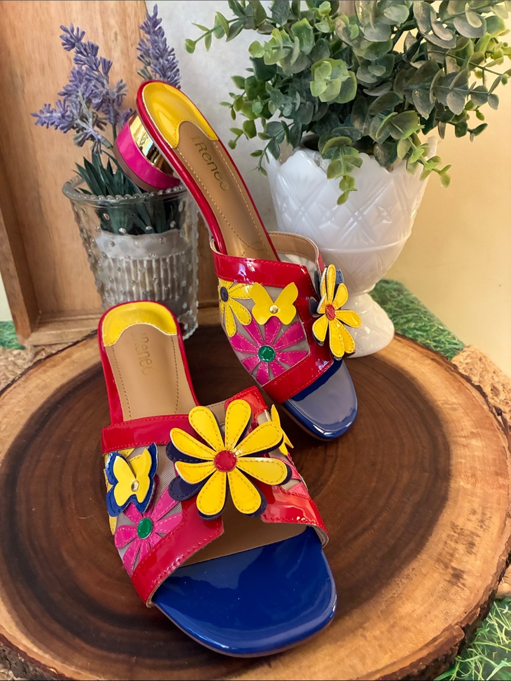 J.Renee Red Patent Floral Slide Sandals with Yellow & Blue Accents